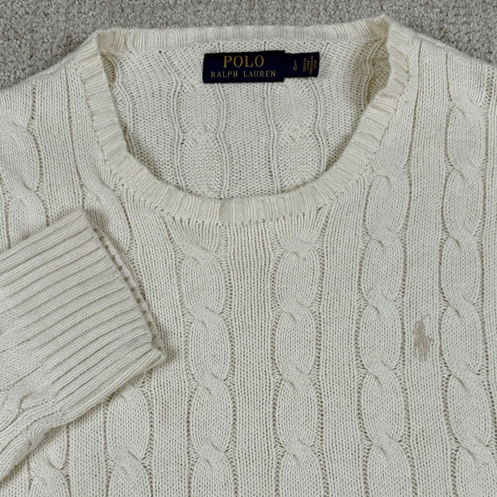Polo Ralph Lauren Mens Large Cream Cable Knit Cotton Crewneck Sweater